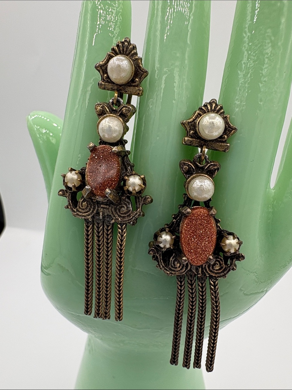 Etruscan Gold Sand Stone and Faux Pearl Drop Earrings